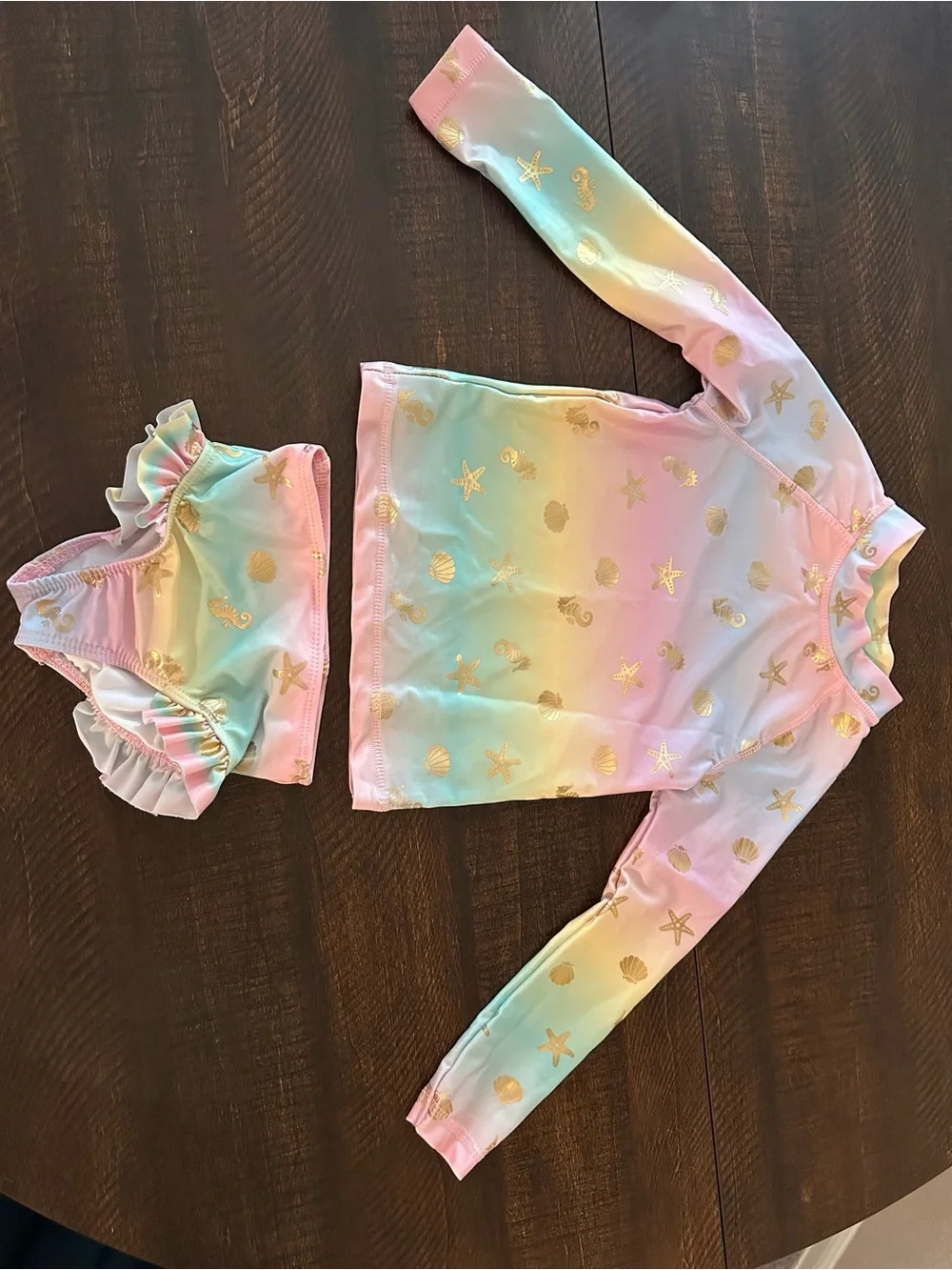 Girls' Pastel Rainbow Long Sleeve Rashguard Set with Gold Seashells